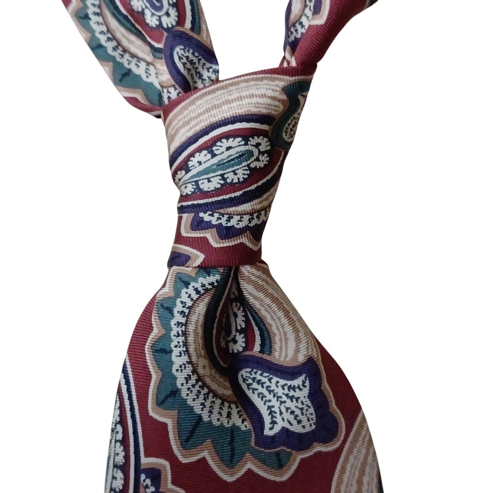 Christian Dior Monsieur Mens Silk Tie Burgundy Teal Paisley Woven Italy USA 54in